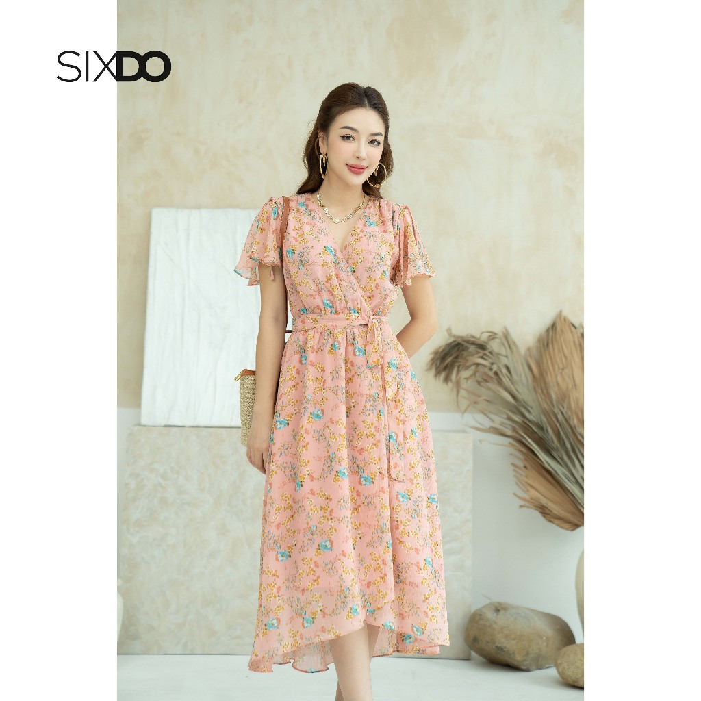 Đầm midi voan hoa cổ V SIXDO (Salmon Floral Midi Voile Dress 1)