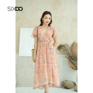 Đầm midi voan hoa cổ v sixdo