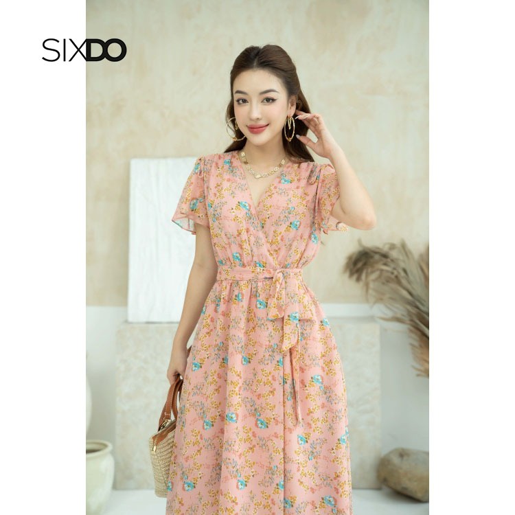 Đầm midi voan hoa cổ V SIXDO (Salmon Floral Midi Voile Dress 1)