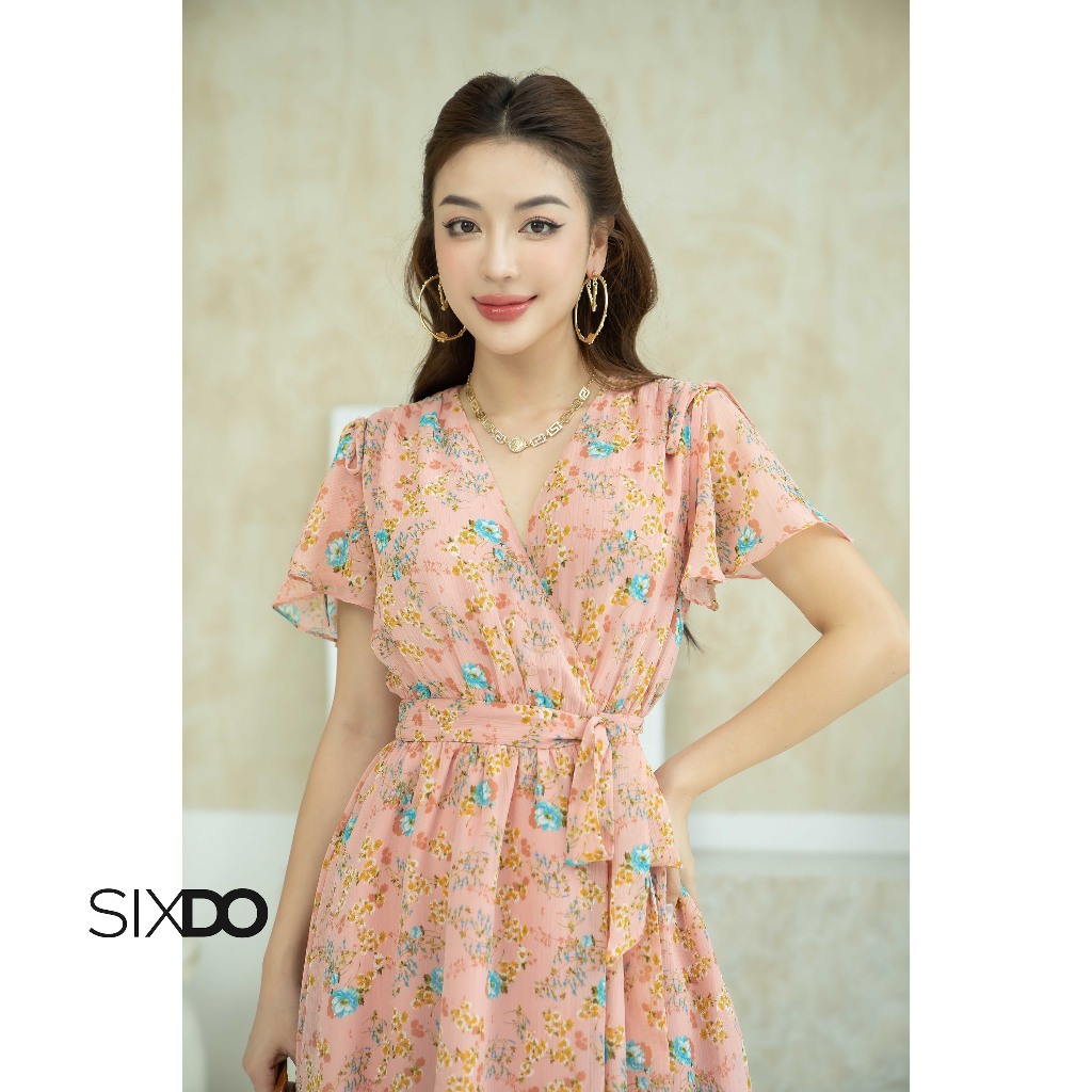 Đầm midi voan hoa cổ V SIXDO (Salmon Floral Midi Voile Dress 1)