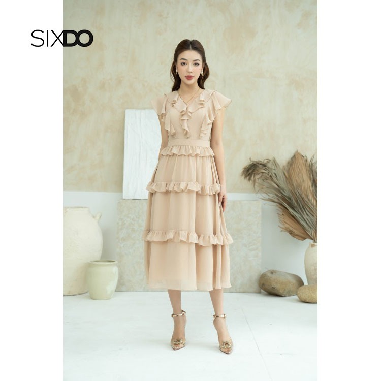 Đầm midi voan cổ V bèo tay hến SIXDO (Dark Beige Midi Voile Dress)