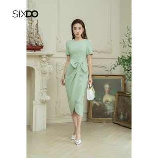 Đầm midi thô cộc tay phối nơ eo SIXDO