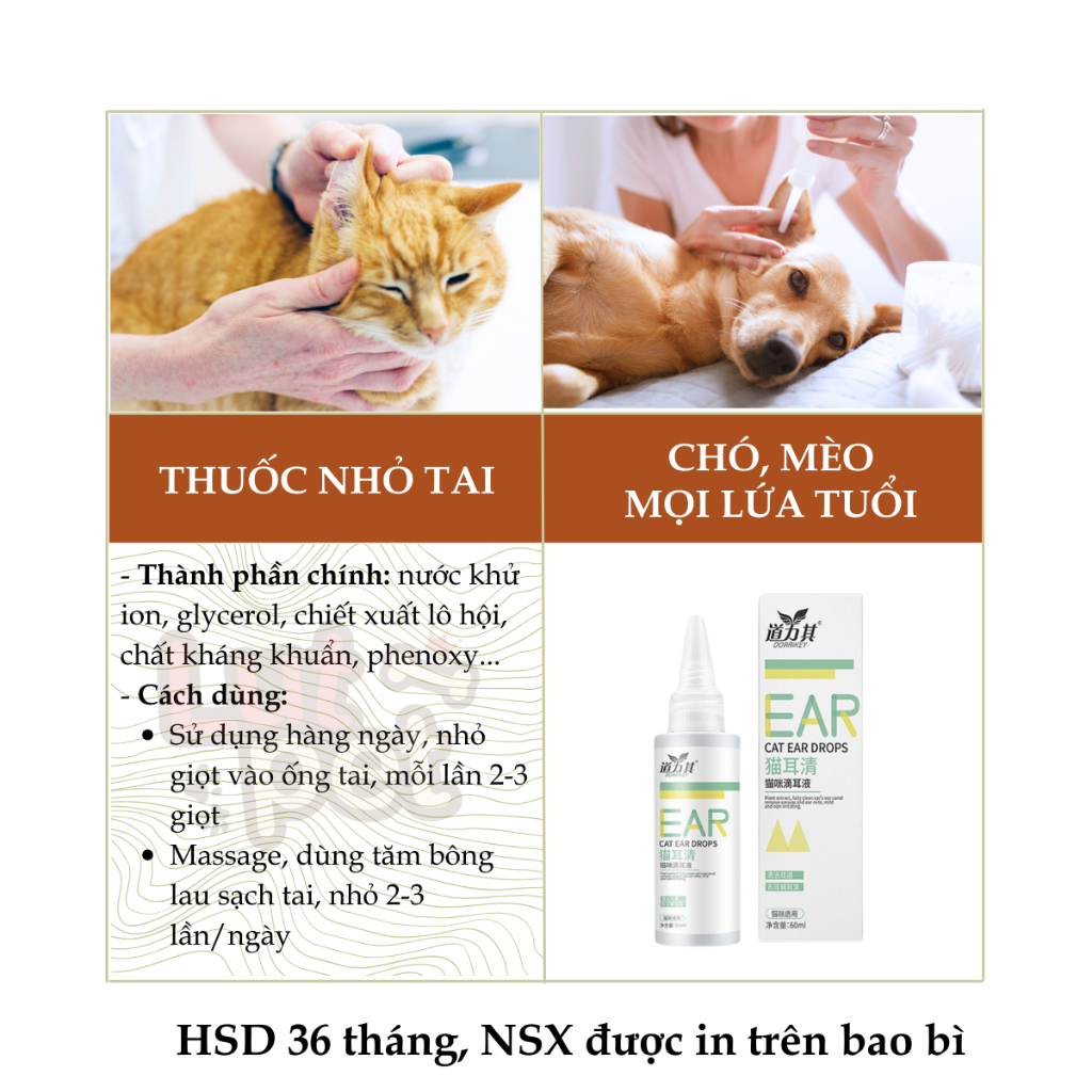 Nhỏ tai Dorrikey cho chó mèo, rửa vệ sinh , trị viêm, hôi tai tai thú cưng (60ml) - lutpet