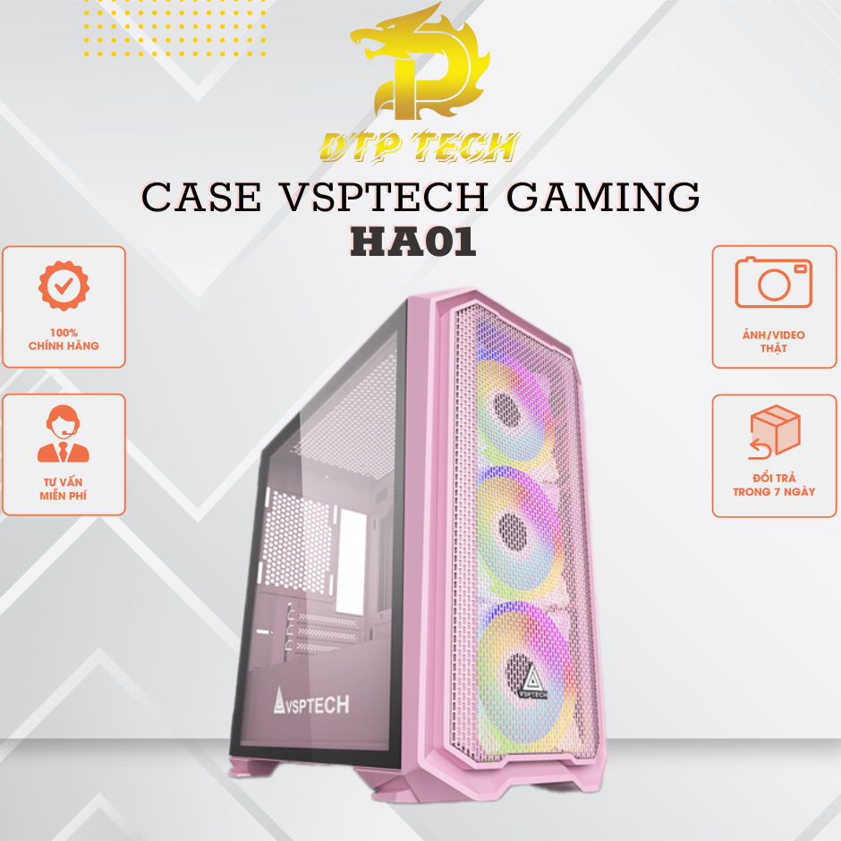 CASE VSPTECH GAMING HA01 Hồng Mặt trước kiểu lưới, Nắp hông kính cường lực