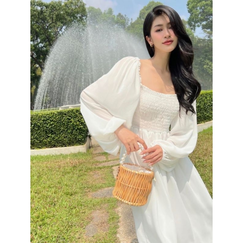 Váy maxi voan tay dài nhún ngực free size