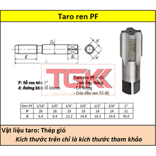 Taro ren ống (Ren thẳng) ren PF (1/16", 1/8", 1/4", 3/8", 1/2")