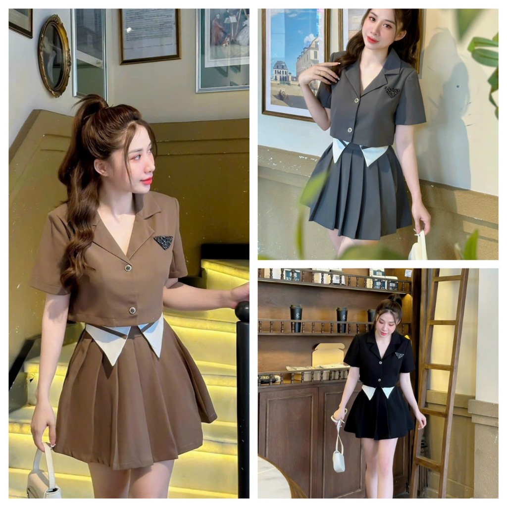 Set Váy Nữ Áo Kiểu Vest Ngắn Tay Mix Chân Váy Ngắn Xếp Ly Phối Cạp Siêu Xinh Tôn Dáng
