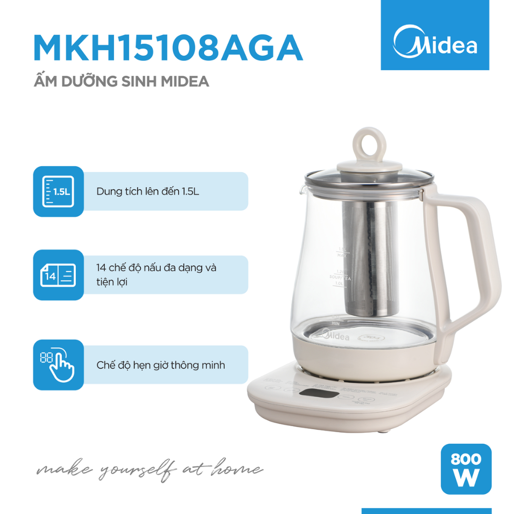 Ấm Siêu Tốc 14 Chức Năng Midea MKH15108AGA (Ấm Dưỡng Sinh, Pha Trà Dung Tích 1,5L, Công Suất 600W)