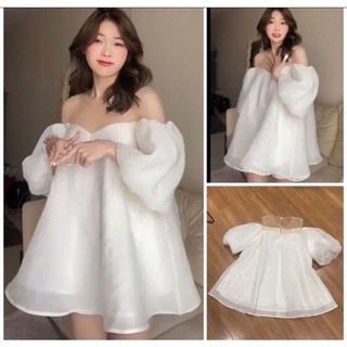 Áo babydoll voan dáng xòe tay bồng cúc ngọc - Áo trễ vai voan 2 lớp tay bồng tiểu thư - Momiji Store