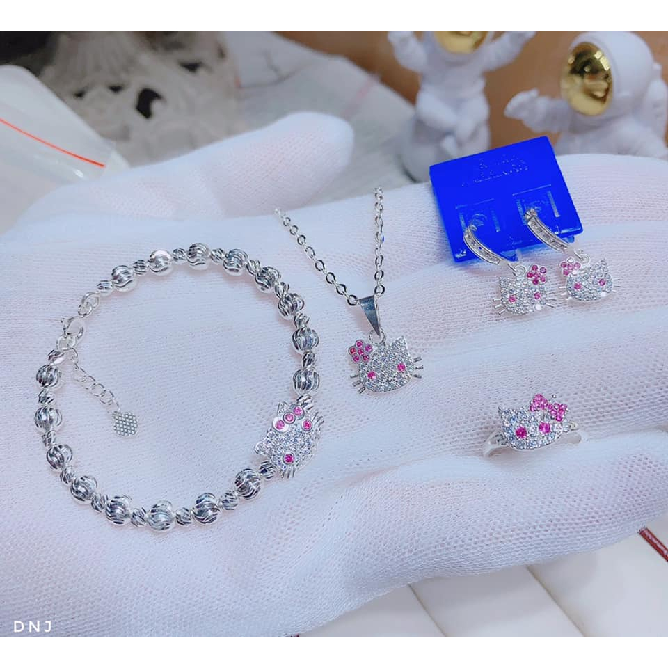 Set bộ bạc dây chuyền bông tai nhẫn vòng tay bạc cho bé gái mèo kitty