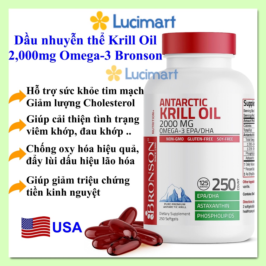 Viên uống dầu nhuyễn thể Krill Oil 2000mg Omega-3 Bronson hũ 250 viên [Hàng Mỹ hạn dùng 2026]