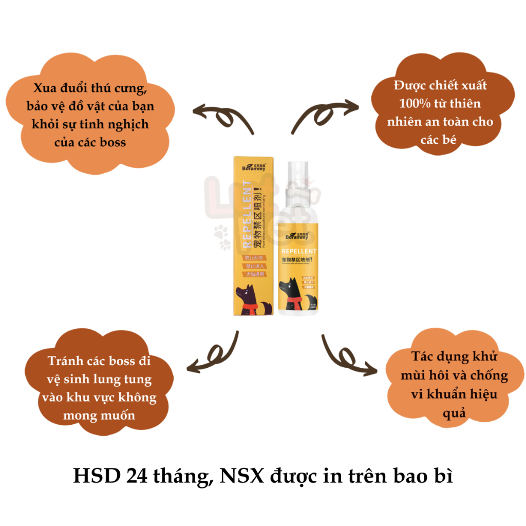 Xịt đuổi chó mèo Borammy, ngăn chó mèo cắn phá, phá phách đồ và vệ sinh bừa bãi  - lutpet