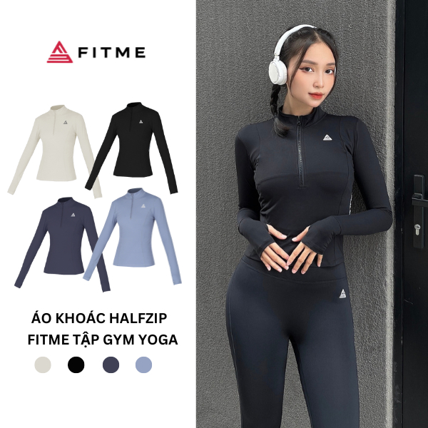 Áo tập gym yoga Fitme Cover23 halfzip dài tay vải 2 lớp ôm body AKHZC