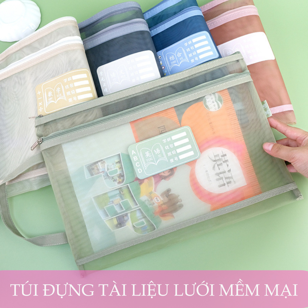 Túi Đựng Tài Liệu Bằng Lưới Mềm Mại, Túi Đựng Giấy A4, Sách Vở 2 Ngăn, Có Khoá Kéo Tiện Lợi