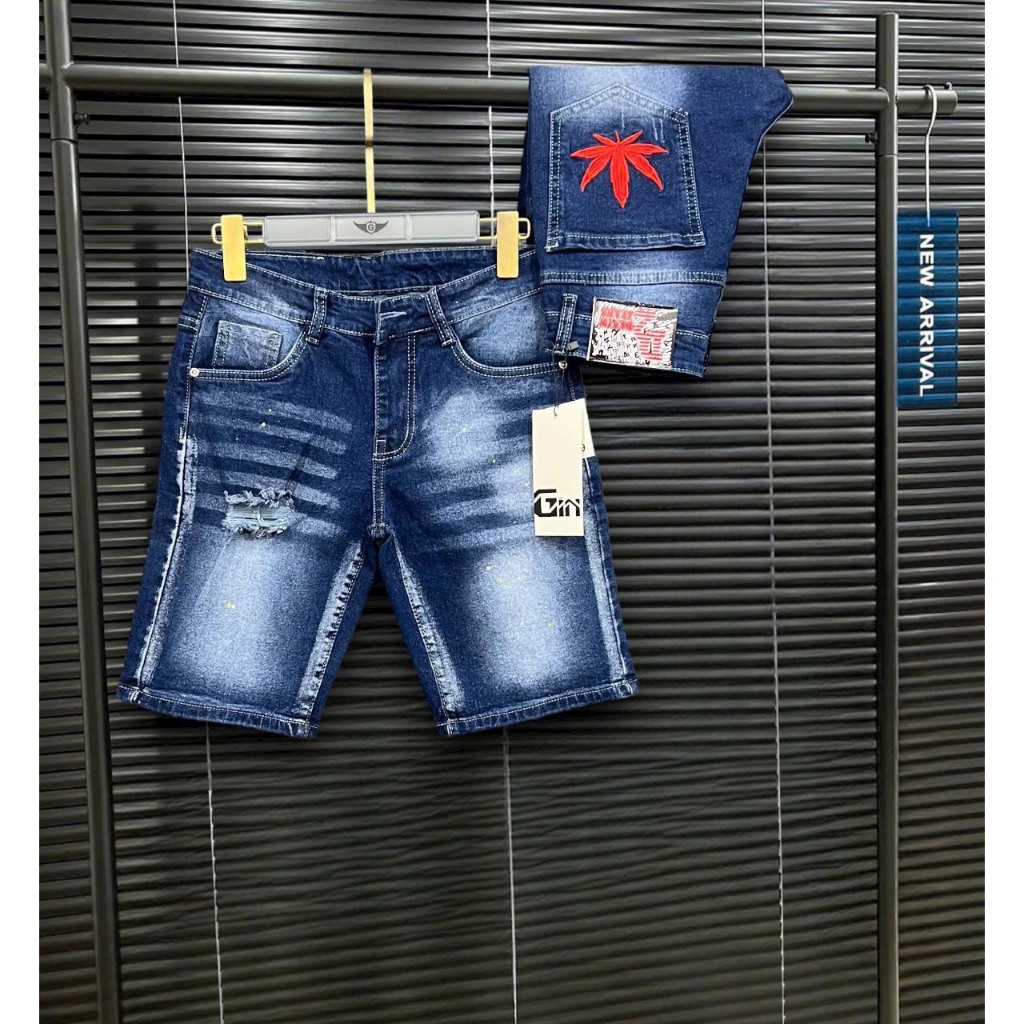 Quần bò jean nam ngắn ngố đen thêu logo,quần short nam rách khóa lệch chất bò CO GIÃN giá tốt