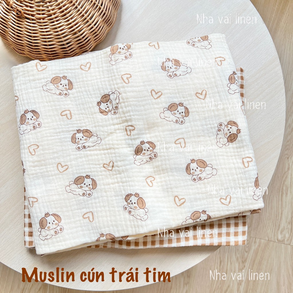 Vải xô muslin cao cấp 2 lớp hoạ tiết cún trái tim mềm mịn thấm hút mồ hôi - Nhà vải linen