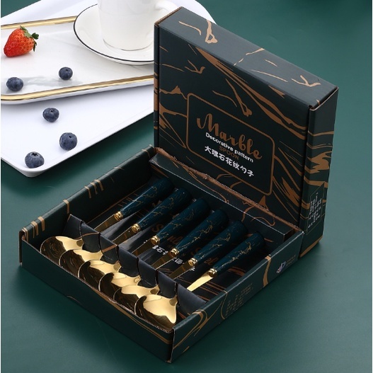 Set 6 thìa inox mạ vàng cán sứ hàng loại 1 kèm hộp sang trọng