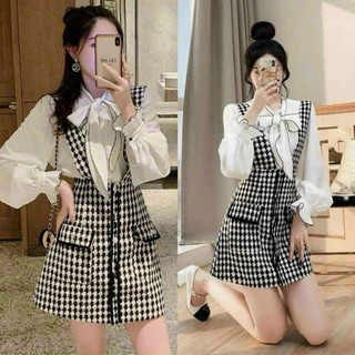 Set váy yếm dạ cài nút dáng ngắn mix áo lụa dài tay cài nơ cổ xinh xắn, đáng yêu