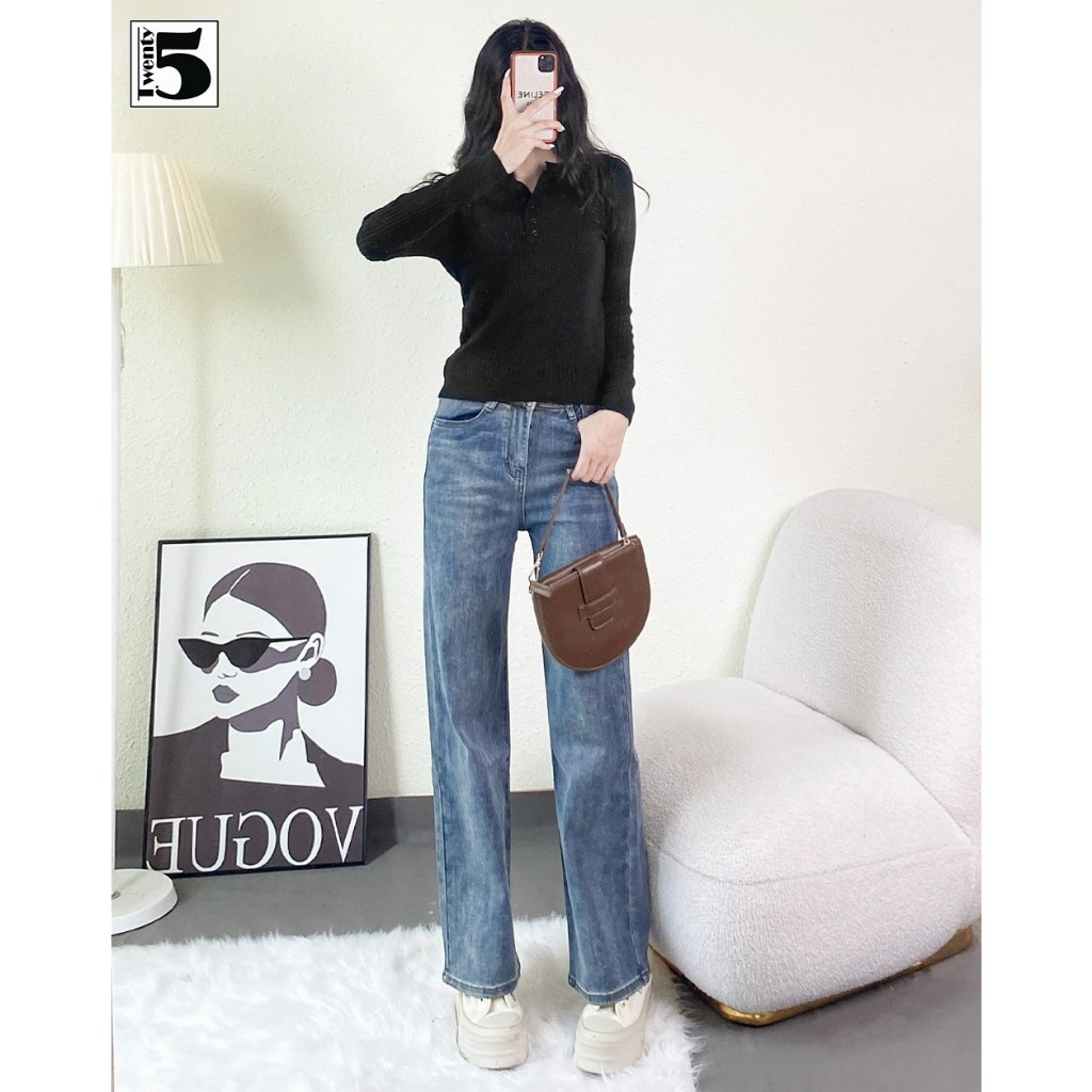 Quần jeans nữ Twentyfive dáng dài ống rộng cạp cao vải mềm co dãn 4465