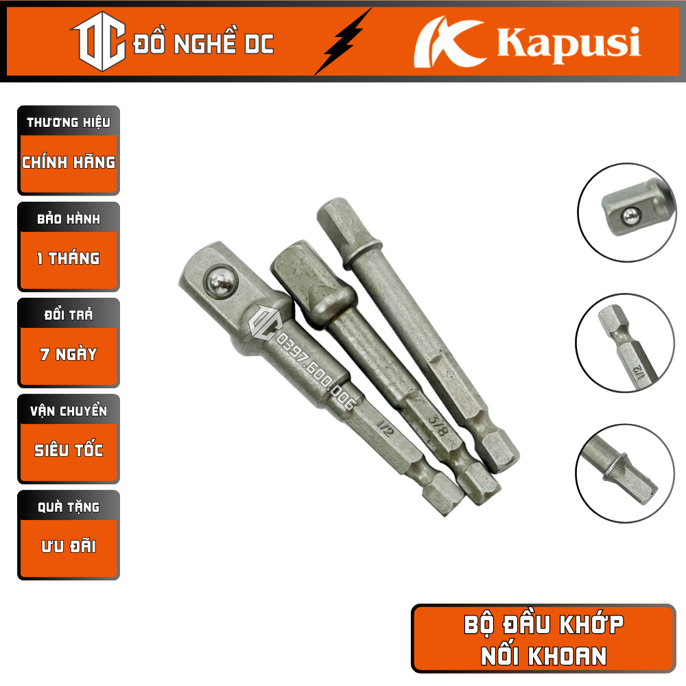 Bộ Đầu Khớp Nối Khoan, Đầu Chuyển Từ Bắn Vít Sang Bu Lông 1/4" 3/8" 1/2" K-7844 Kapusi Nhật Bản thép cứng chịu lực