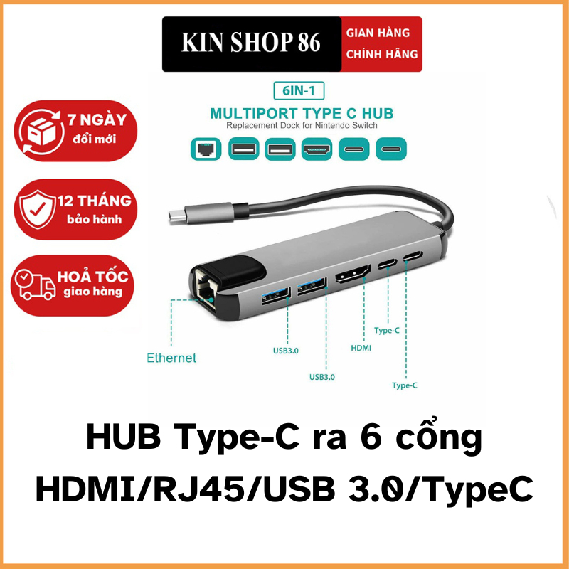 HUB Type C ra 6 cổng HDMI/RJ45/USB 30/TypeC cho laptop, macbook, Dell XPS