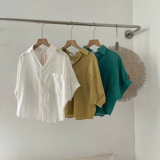 [Ảnh thật shop chụp] Áo sơmi thô cổ tim dáng lửng