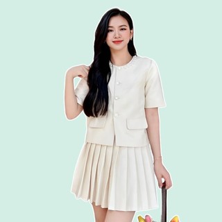Set áo vest nữ phối cổ kèm chân váy xếp ly