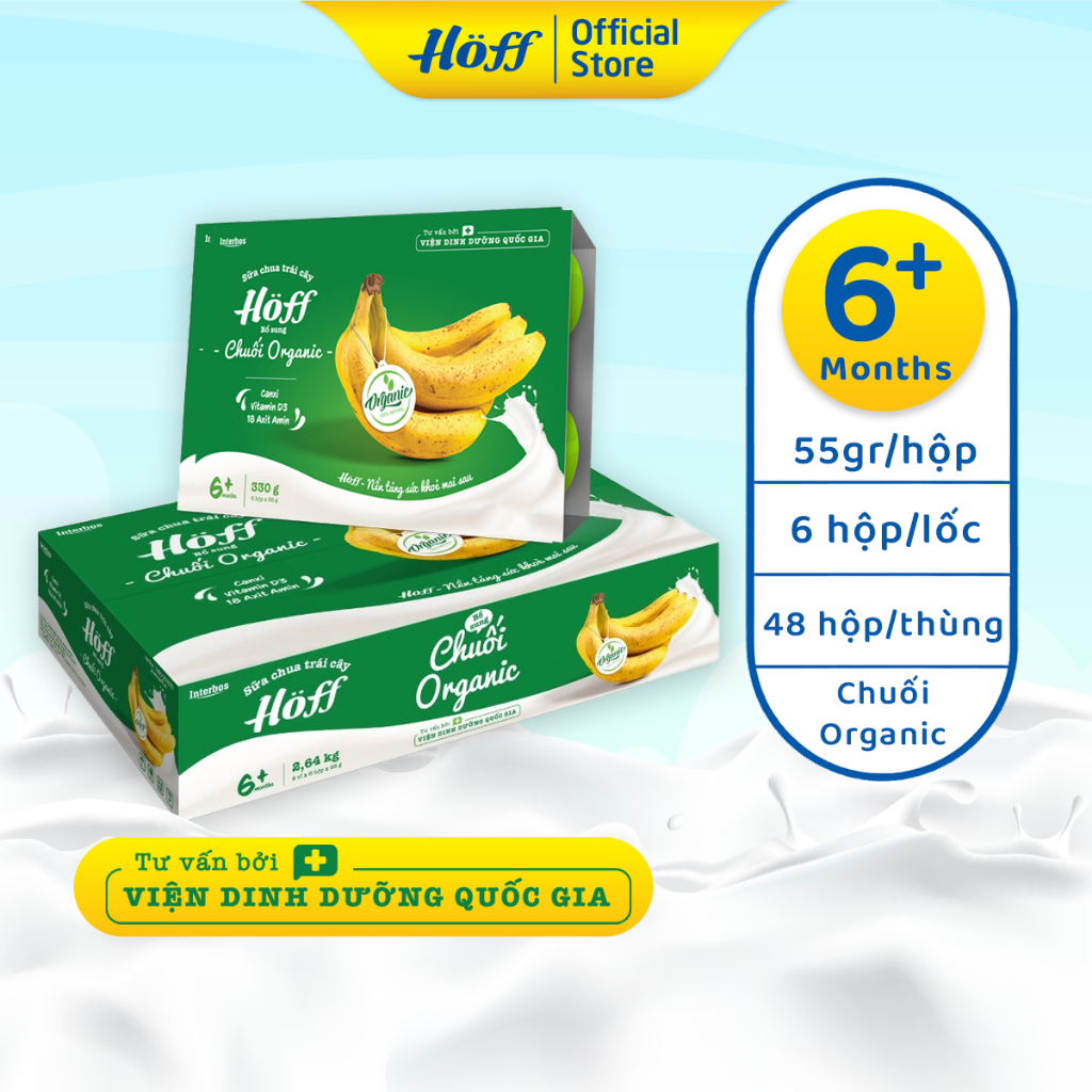 Sữa chua trái cây Hoff CHUỐI ORGANIC cho bé từ 6 tháng tuổi, bổ sung vitamin, D3, 18 loại axit amin - 1 THÙNG (8 lốc)