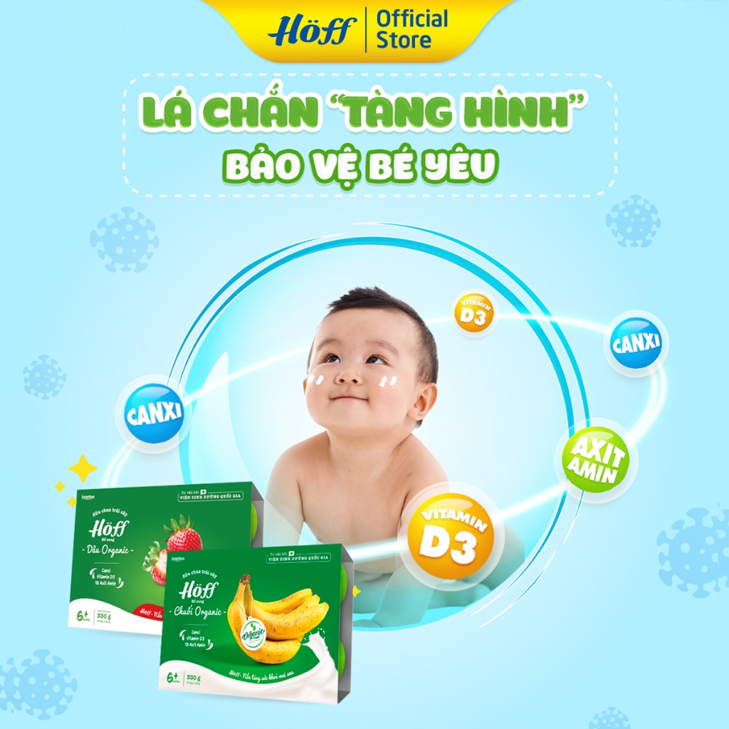 Sữa chua trái cây Hoff CHUỐI ORGANIC cho bé từ 6 tháng tuổi, bổ sung vitamin, D3, 18 loại axit amin - 1 THÙNG (8 lốc)