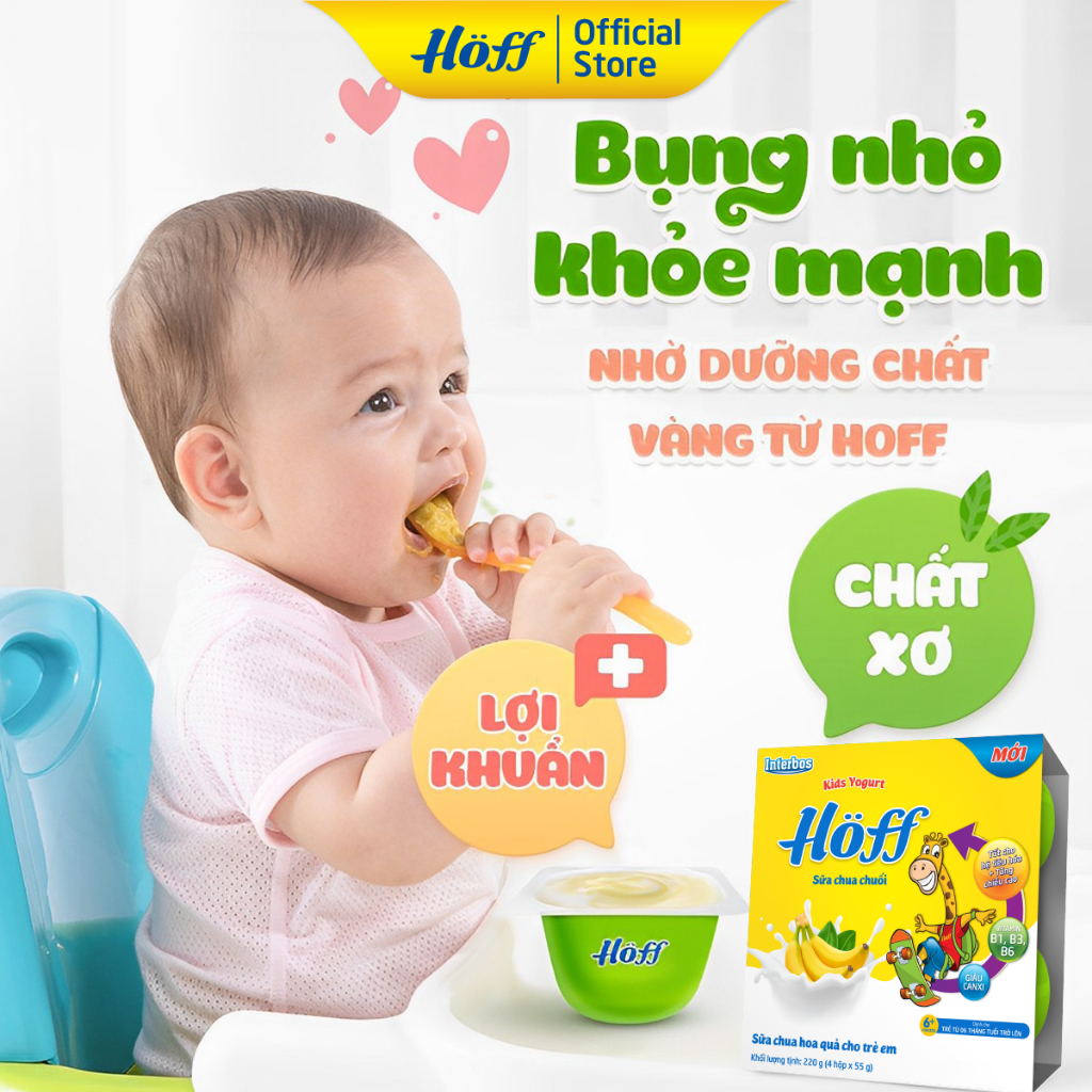Sữa chua hoa quả Hoff vị CHUỐI cho bé từ 6 tháng tuổi, bổ sung men lợi khuẩn, tốt cho tiêu hóa - 1 THÙNG (12 Lốc/48 hộp)