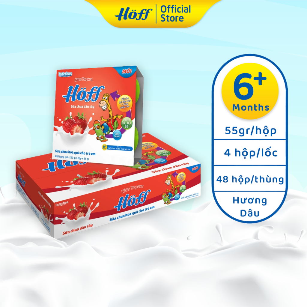 Sữa Chua trẻ em vị DÂU TÂY Hoff - 1 THÙNG (12 Lốc/48 hộp)