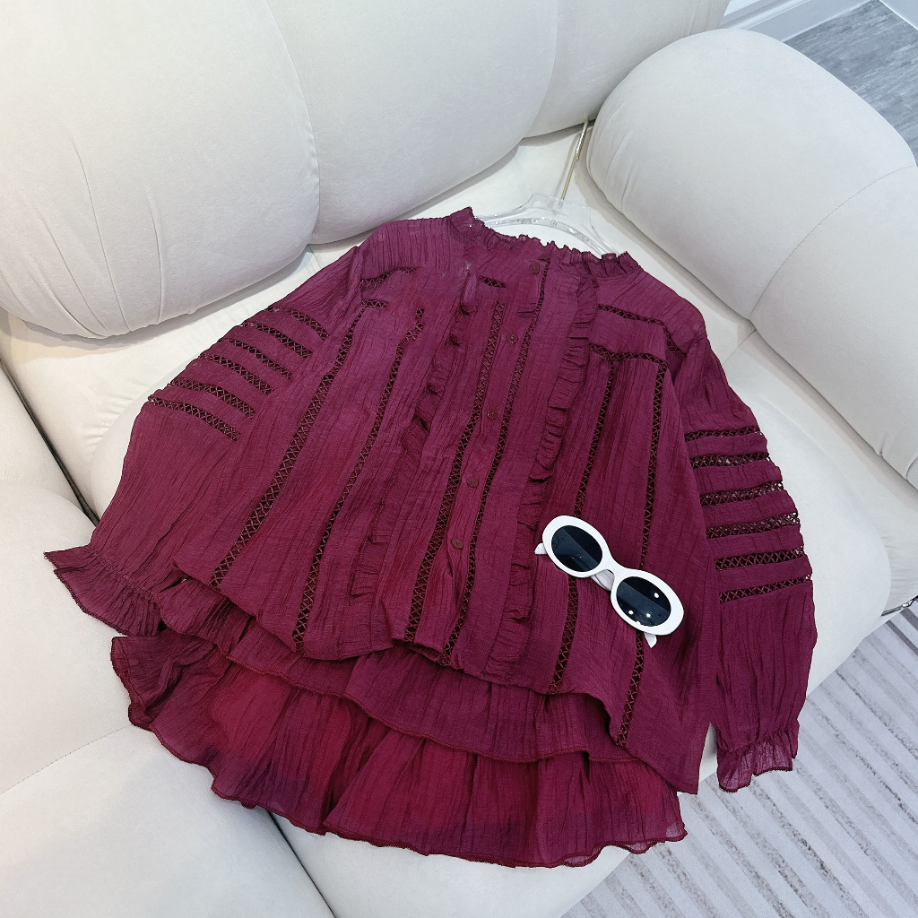 Set bộ chất đũi tơ màu đỏ đô phối voan mềm mịn, chân váy có lót quần mềm mại xinh đẹp QA88