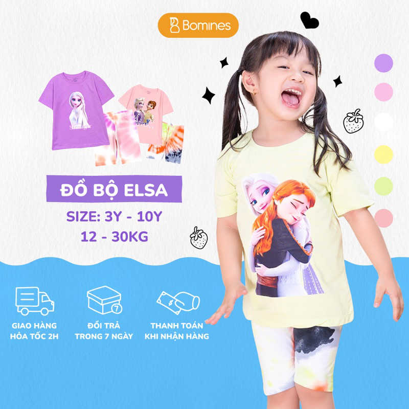 Đồ bộ bé gái công chúa Elsa BOMINES, thun cotton tay ngắn quần biker mát mẻ cho bé 3-12 tuổi, 12-36kg DBLBGELSAQUANLOANG