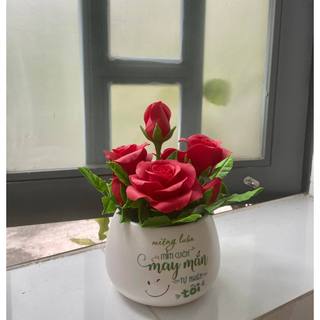 Chậu hoa hồng đỏ để bàn làm từ đất sét