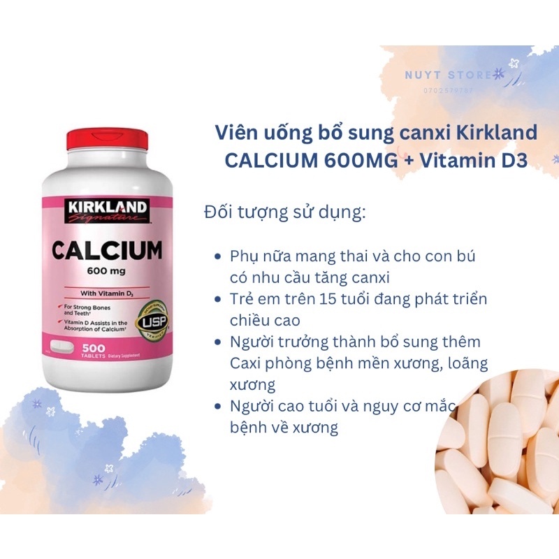 Viên uống bổ sung Canxi Kirkland Calcium 600mg và Vitamin D3 hộp 500 viên