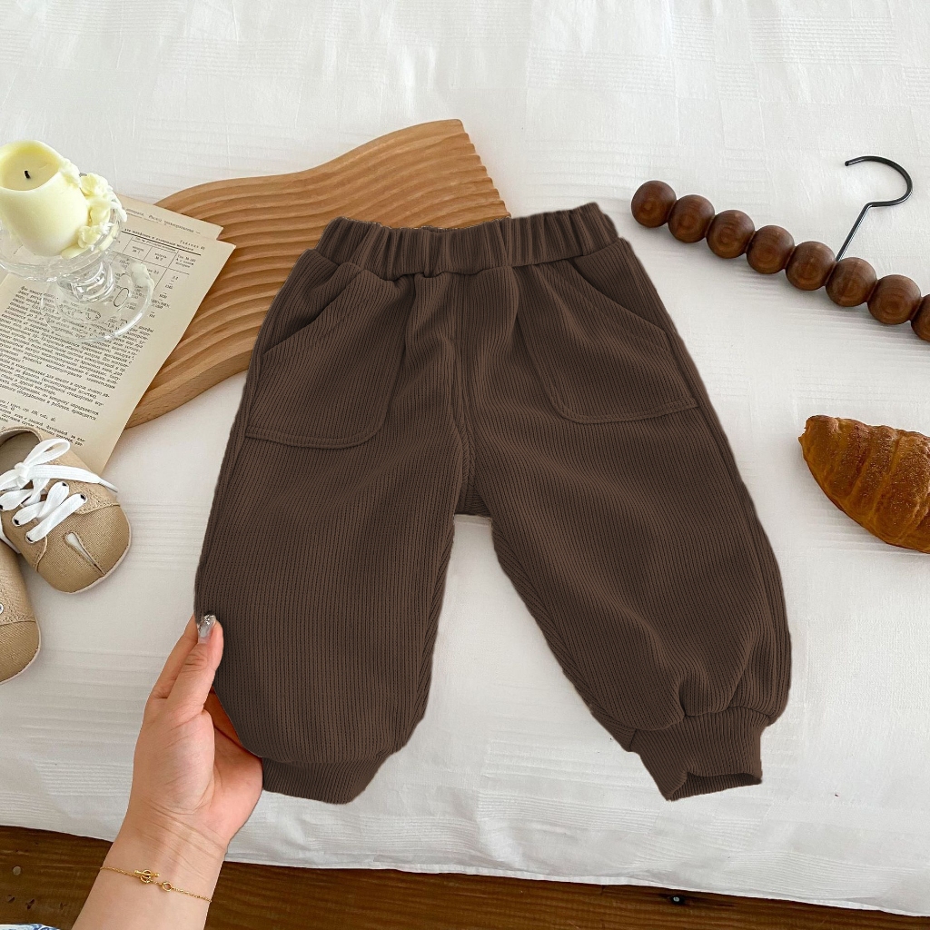 TE430- Quần nhung tăm cho bé trai bé gái Hokiha Kids phối túi mềm mại, phong cách size 8-16kg