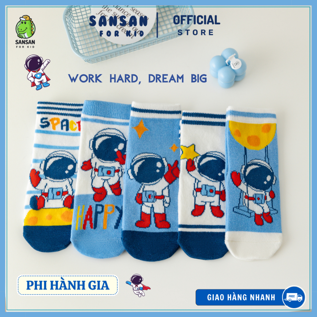 Set Tất Vớ Phi Hành Gia 5 Đôi Cao Cấp, Họa tiết xanh vũ trụ, vải cotton cao cấp, đi học đi chơi, quà tặng
