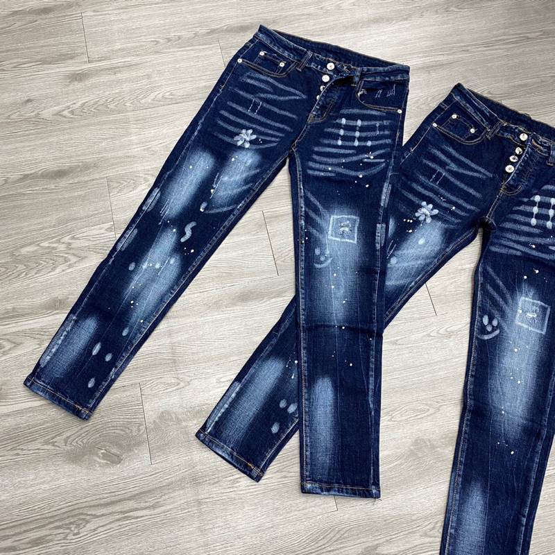 Quần dsq2 xanh 4 cúc rách xước nhẹ,quần jean xanh dsq2 chấm sơn đơn giản