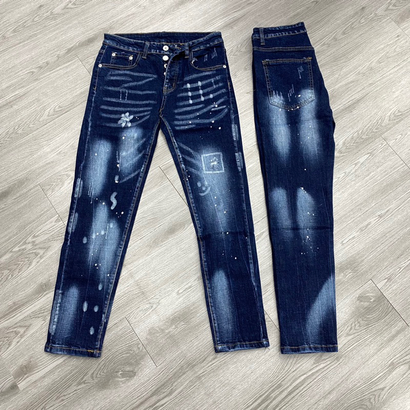 Quần dsq2 xanh 4 cúc rách xước nhẹ,quần jean xanh dsq2 chấm sơn đơn giản