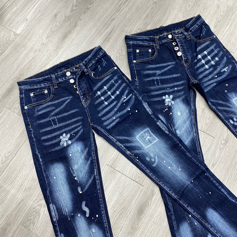 Quần dsq2 xanh 4 cúc rách xước nhẹ,quần jean xanh dsq2 chấm sơn đơn giản