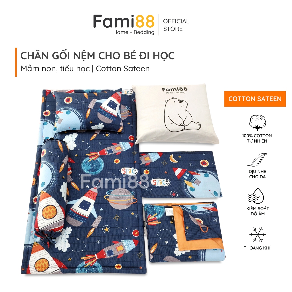 Bộ chăn gối nệm ngủ cho bé đi mẫu giáo tiểu học Fami88 Bedding, mền bé trai hình Robot Ô Tô 100% cotton tự nhiên.