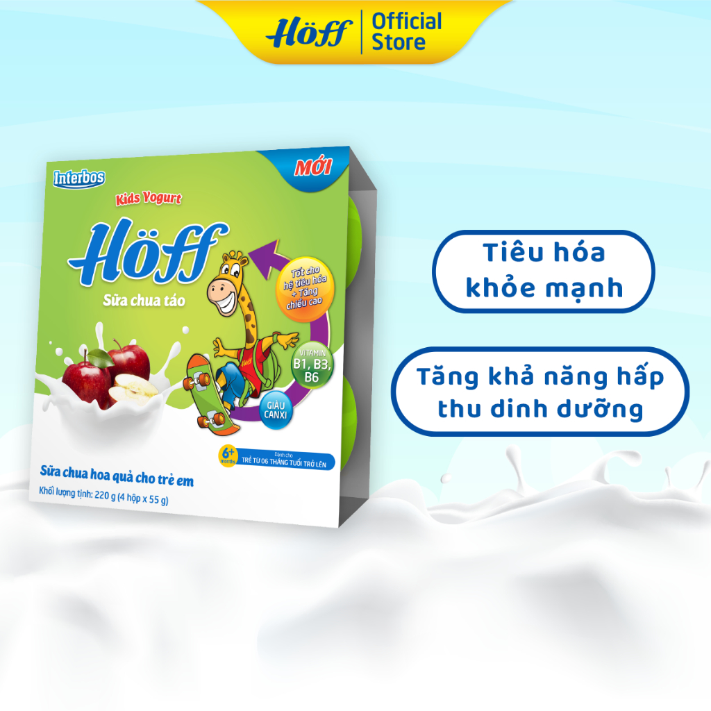 Sữa chua hoa quả Hoff vị TÁO cho bé từ 6 tháng tuổi, bổ sung men lợi khuẩn, tốt cho tiêu hóa - 1 THÙNG (12 Lốc/48 hộp)