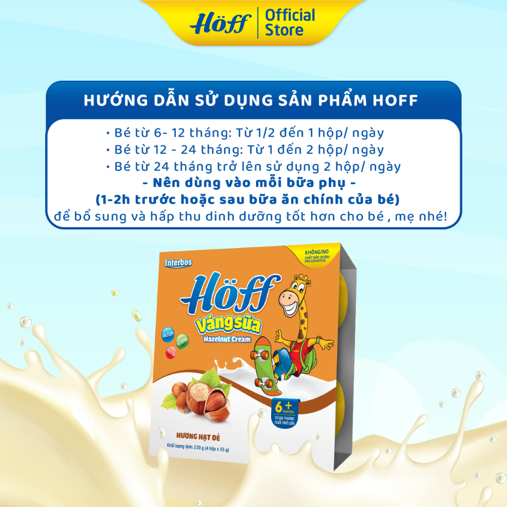 Váng Sữa vị HẠT DẺ Hoff cho bé từ 6 tháng tuổi, giàu protein và canxi, tăng cường hệ miễn dịch - 4 LỐC (16 hộp x 55g)