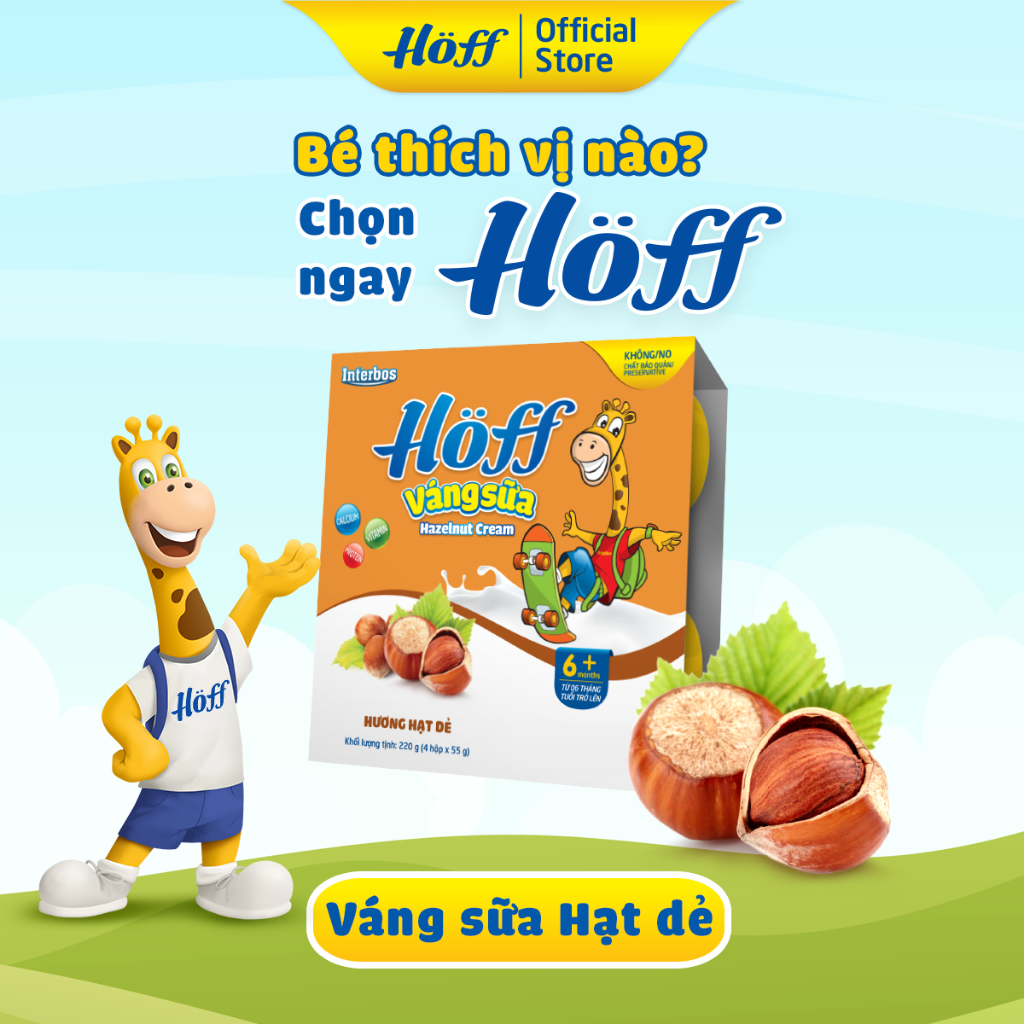 Váng Sữa vị HẠT DẺ Hoff cho bé từ 6 tháng tuổi, giàu protein và canxi, tăng cường hệ miễn dịch - 4 LỐC (16 hộp x 55g)