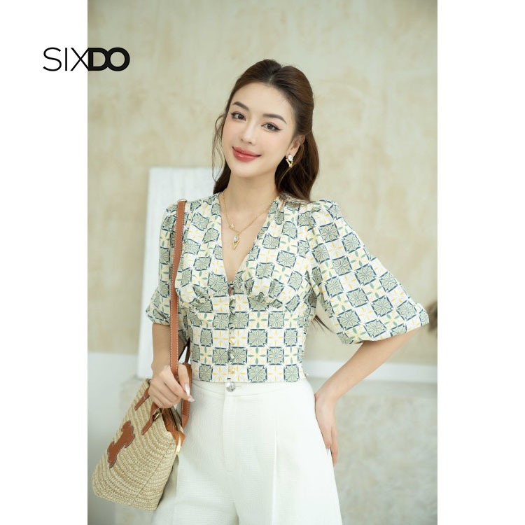 Áo lụa cổ V tay bồng thời trang SIXDO (Flower Check Pattern Silk Top)