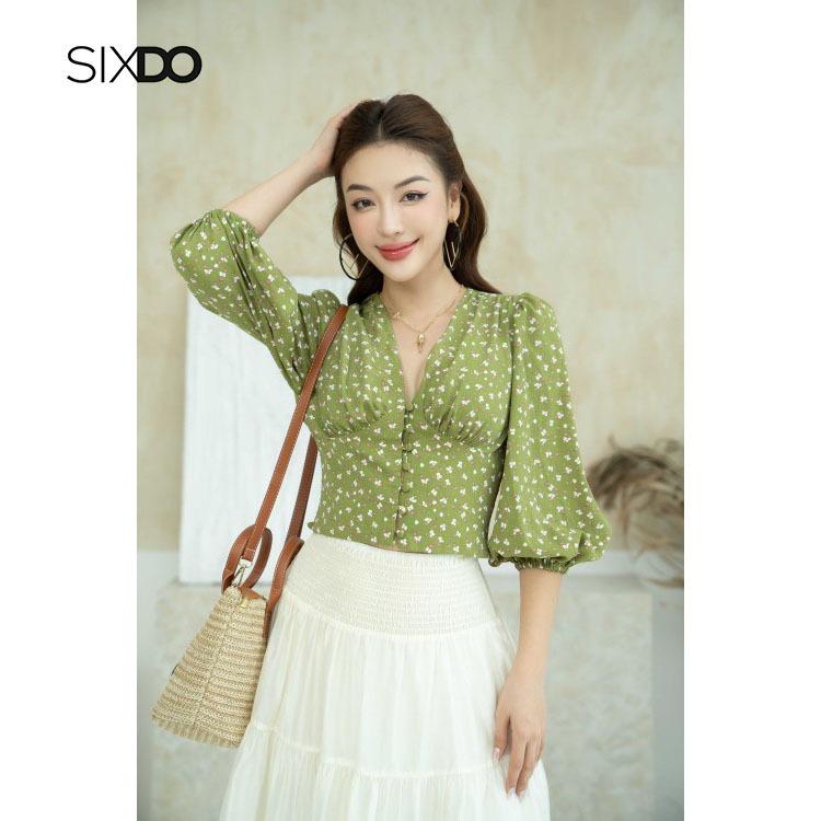 Áo lụa cổ V tay bồng thời trang SIXDO (Flower Check Pattern Silk Top)