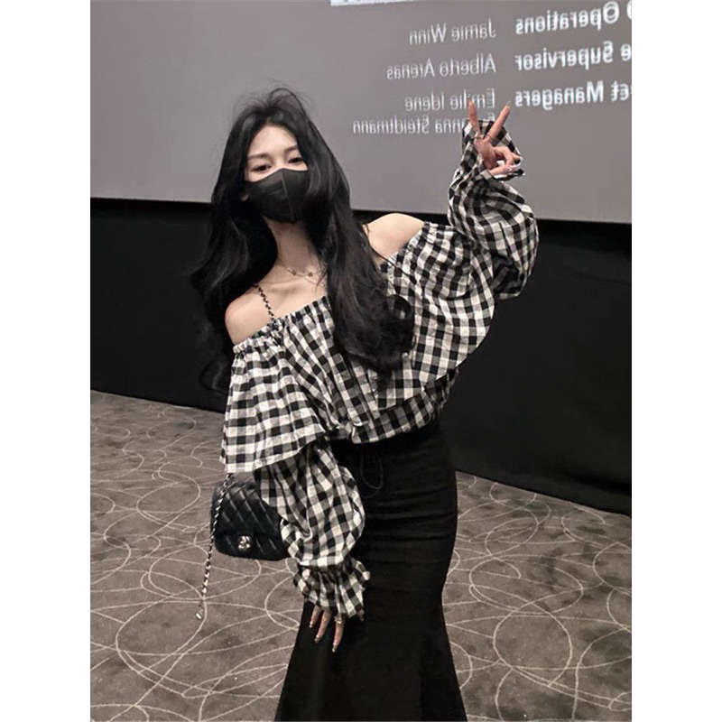 Sét Áo Kẻ Trễ Vai Kèm Chân Váy Đuôi Cá Dáng Dài Umi Có Ảnh Thật