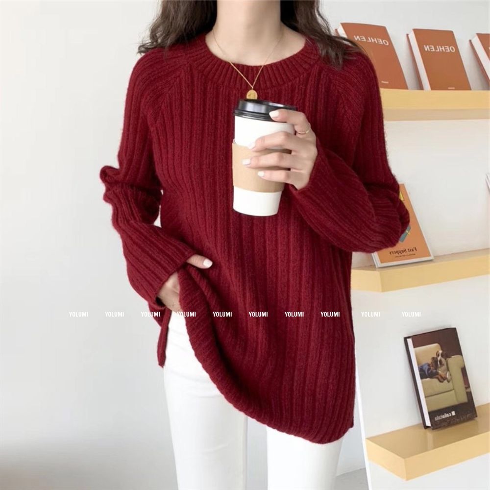 Áo Sweater Nữ, áo len dài tay cổ tròn thiết kế xẻ tà thời trang phong cách hàn quốc YOLUMI