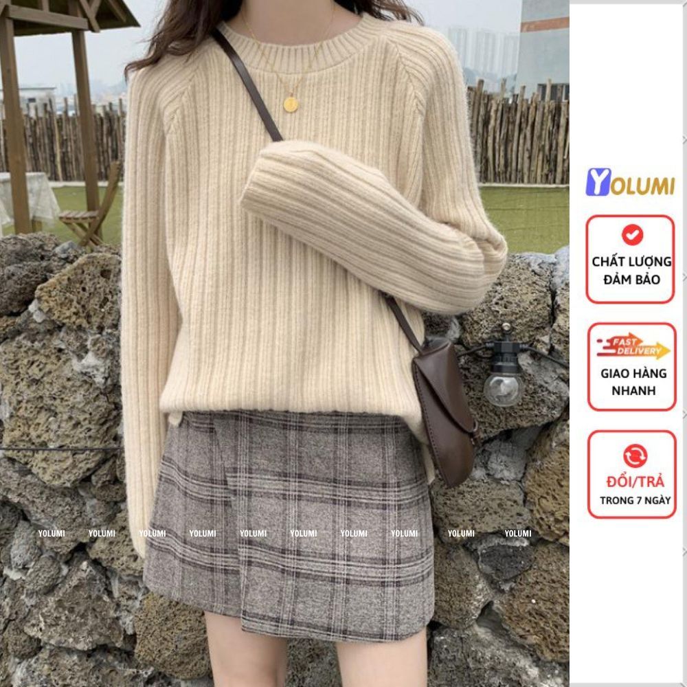 Áo Sweater Nữ, áo len dài tay cổ tròn thiết kế xẻ tà thời trang phong cách hàn quốc YOLUMI
