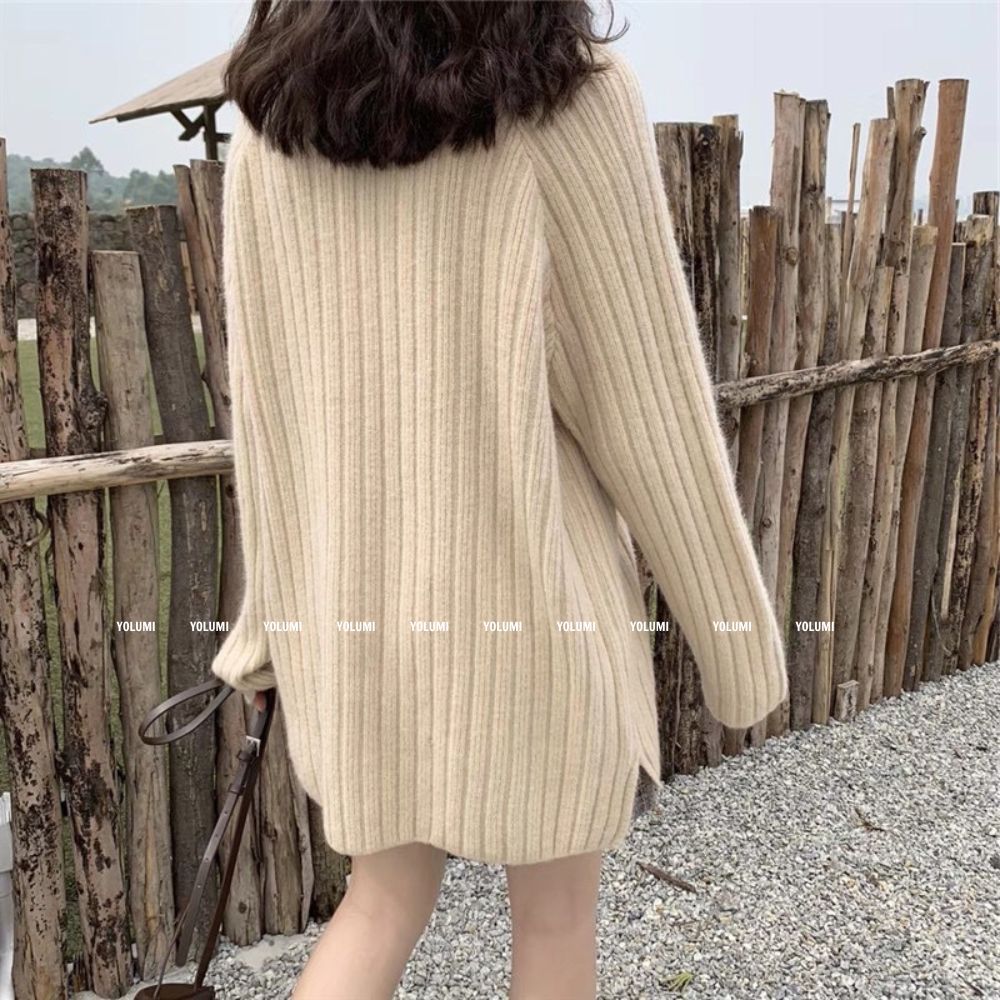 Áo Sweater Nữ, áo len dài tay cổ tròn thiết kế xẻ tà thời trang phong cách hàn quốc YOLUMI